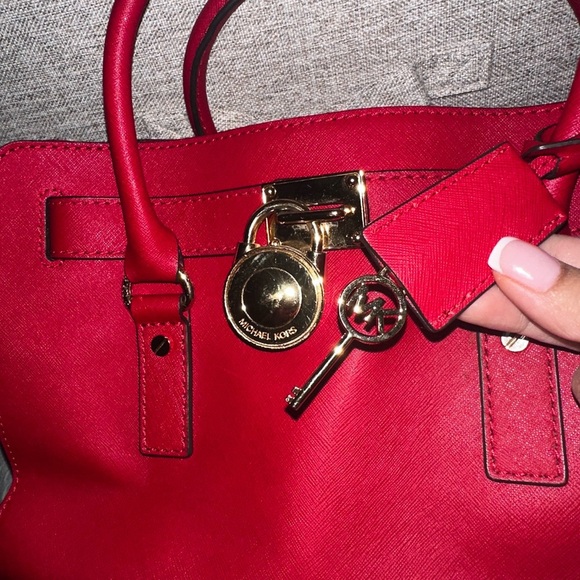 Red leather shoulder bag top handle satchel bag Michael Kors Hamilton purse - Picture 10 of 13